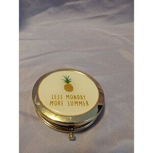 Round Gold-Tone Compact Mirror With "Less Monday More Summer" Pineapple Design